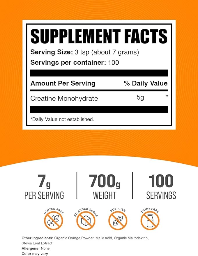 BulkSupplements.com Creatine Monohydrate Powder - Creatine Flavored Powder Supplement Micronized - Orange Smash Flavor 7g per Serving 700g (1.5 lbs) (Pack of 1)