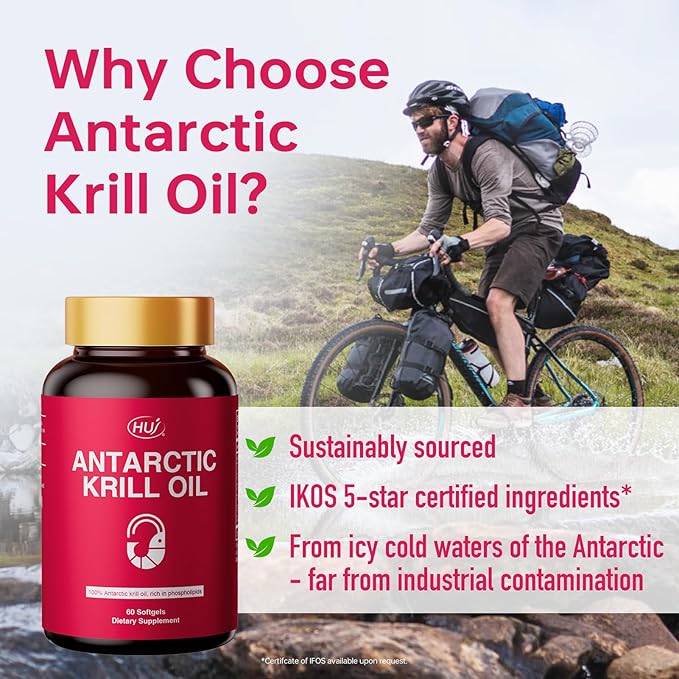 HUJ Antarctic Krill Oil 1000mg with Omega-3s EPA DHA Astaxanthin Phospholipids and Choline - Sustainably Sourced - 60 Softgels