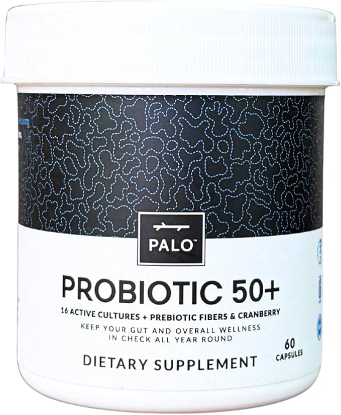 PALO Probiotic 50+ Billion CFU – Probiotic &amp Prebiotic with Cranberry – 16 Strains for Gut &amp Digestive Support – Dairy-Free Gluten-Free (60 Capsules)