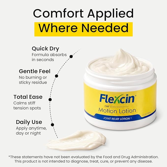 Flexcin Motion Lotion with CM8 - Joint &amp Muscle Therapy Cream for Back Neck Knee Hand Foot - Fast Absorbing with DMSO Emu Oil Aloe Vera - Non-Greasy 4oz Jar