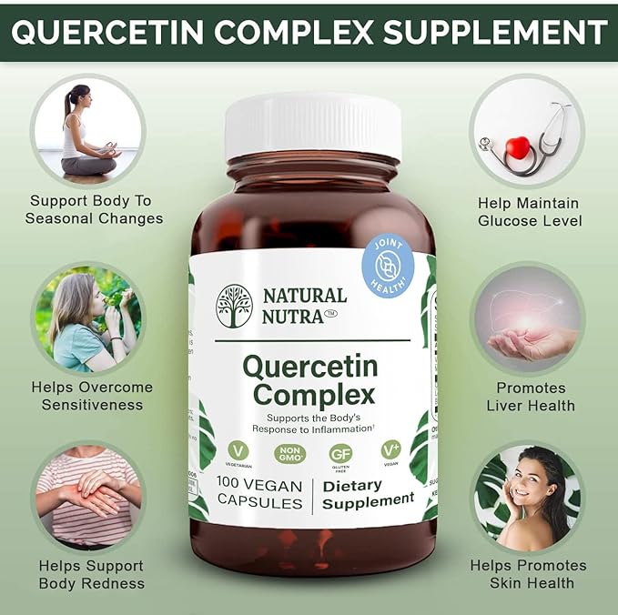 Natural Nutra Quercetin Complex with Bromelain and Vitamin C Citrus Bioflavonoid Supplement Support Body to Seasonal Changes &amp Body Redness Promotes Liver Health 100 Vegan and Vegetarian Capsul