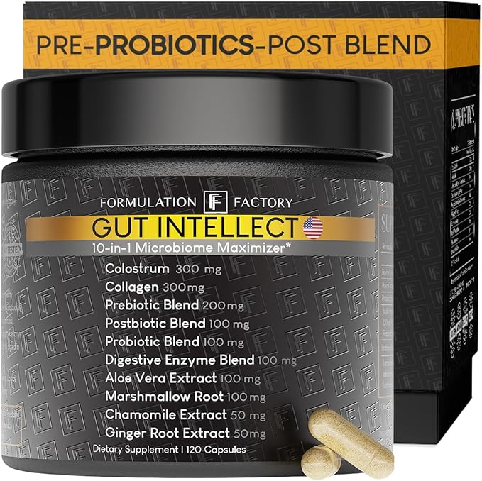 Formulation Factory Probiotics for Women &amp Men - Gut Intellect 10-in-1 Digestive Enzymes with Prebiotics and Postbiotics - Total Gut Health Supplement - 120 Capsules 2 Month Supply