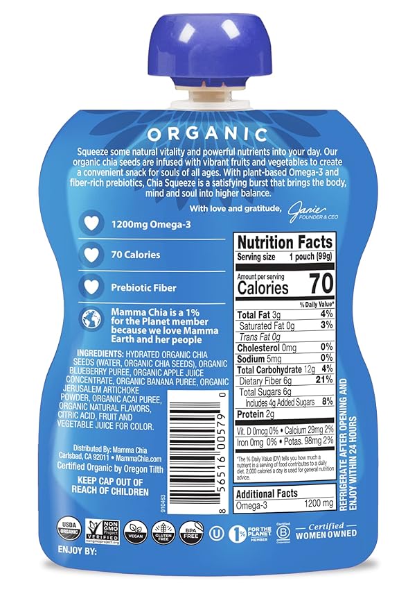 Mamma Chia Organic Prebiotic Squeeze Snack Blueberry Acai Fiber-Rich Prebiotic Gut Support USDA Certified Organic Non-GMO Vegan Gluten Free 14 Ounce (Pack of 6) (Pack of 2)