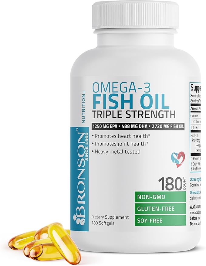 Bronson Omega 3 Fish Oil Triple Strength 2720 mg High EPA 1250 mg DHA 488 mg Non-GMO Heavy Metal Tested 180 Softgels