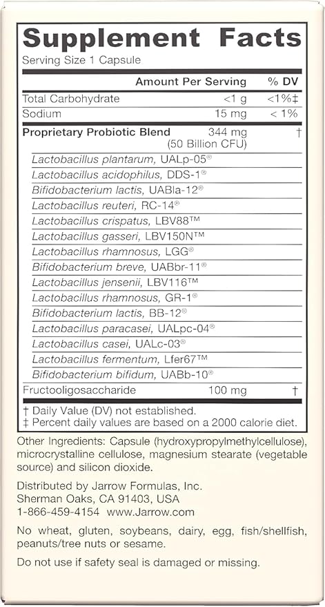 Jarrow Formulas Fem-Dophilus Vaginal &amp Digestive Probiotic 50 Billion CFU 9 Clinically-Studied Strains for Vaginal Flora &amp Yeast Balance Urinary Tract Digestive 30 Capsules (Pack of 2)