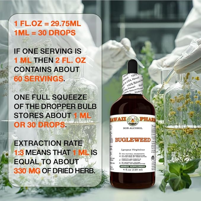 Hawaii Pharm Bugleweed Alcohol-Free Extract Glycerite for Thyroid Balance Eases Premenstrual Discomfort Soothes Breast Tenderness Supports Women's Wellness - 2 fl.oz