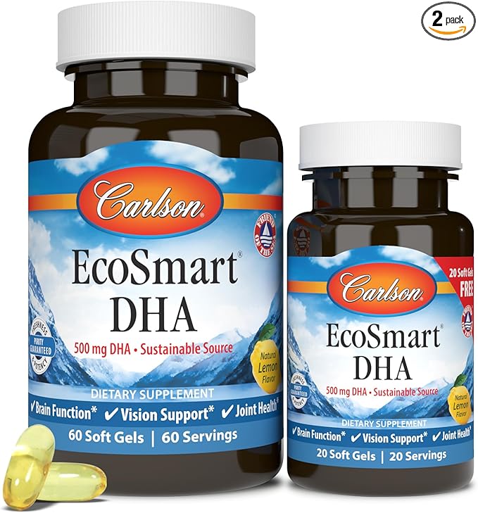 Carlson - EcoSmart DHA 500 mg DHA Sustainable Source Healthy Vision &amp Brain Function Lemon 60+20 Softgels