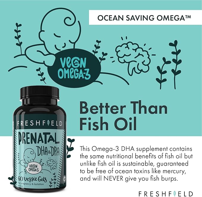 Freshfield Prenatal Vegan Omega 3 DHA: Sustainable Carrageenan Free Third Party Tested Compostable Bottle Carbon Neutral. Supports Heart Brain Joint Health w/DPA (Pack of 2)