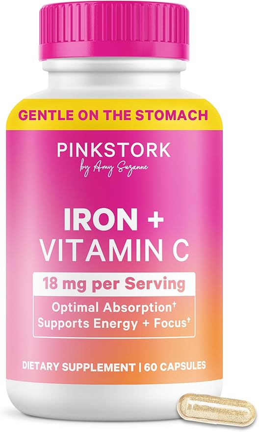 Pink Stork Iron for Women 18 mg Non-Constipating Iron Bisglycinate + Vitamin C for Optimal Absorption Energy Focus &amp Oxygen Support PMS Pregnancy Postpartum &amp Perimenopause 60 Capsules