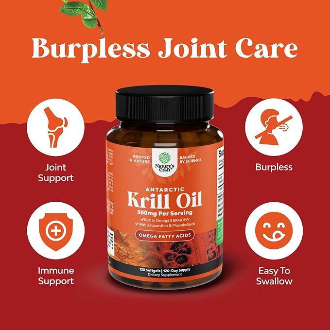 Antarctic Krill Oil Softgels - High Absorption Omega 3 Fatty Acid Supplement with Potent EPA DHA Astaxanthin and Phospholipids - Wild Caught Burpless Fish Oil Omega 3 Supplement - 120 Count