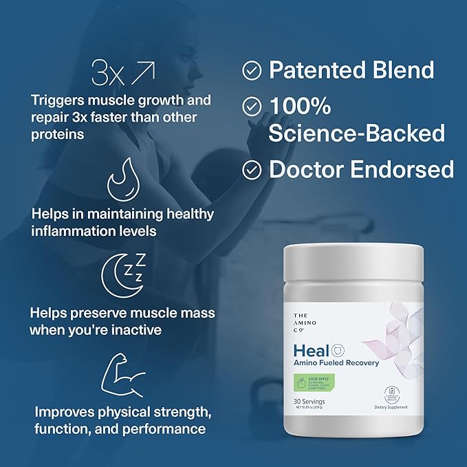 The Amino Co. - Heal - Post Workout Recovery Drink with Pure Eaa Amino Acid Formula -Creatine Monohydrate Powder for Efficient Muscle Repair Vegan and Keto-Friendly with Sour Apple Flavor - 10.89oz.
