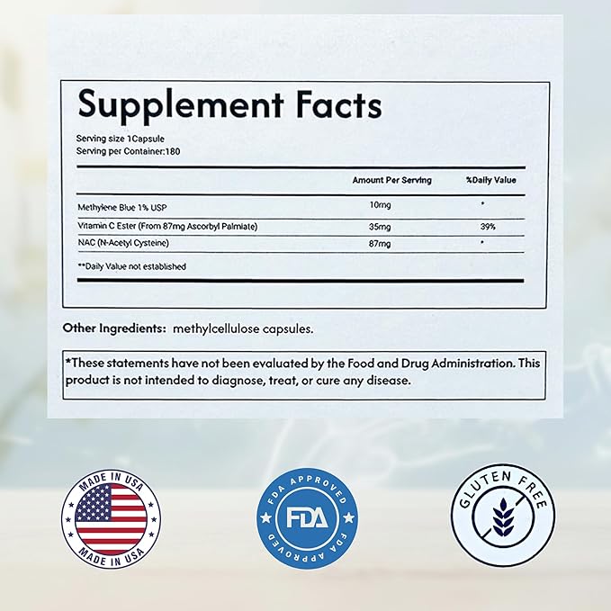 Methylene Blue Capsules 10mg - Pharmaceutical Grade Supplement - Trusted Made in America Brand - (USP Reference Compliant) with Vitamin C Ester Enhanced Absorption - Third Party Tested - 180 Pills