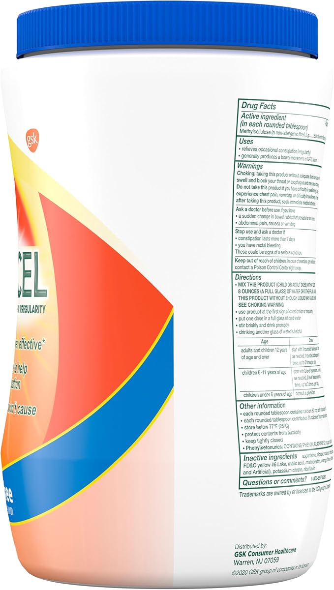 CITRUCEL Sugar Free Fiber Powder for Occasional Constipation Relief Methylcellulose Fiber Powder Orange Flavor - 32 Ounces