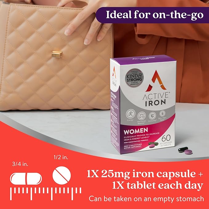 Active Iron Supplement 25mg + Multivitamin for Women Clinically Proven to Increase Iron &amp Energy Levels Maximum Absorption Gentle Non-Constipating 60 Capsules + 60 Tablets in On-the-Go Foil P