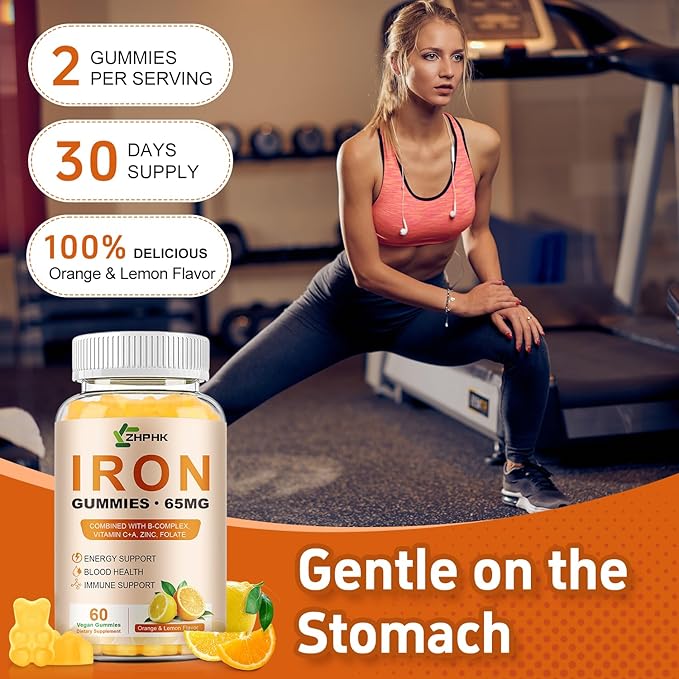 Iron Gummies Vitamin Supplement 65mg &amp Vitamin C 250mg per Serving with B6 B12 Folate- Energy Support for Iron Deficiency Anemia Vegan Orange &amp Lemon Flavor 120 Count