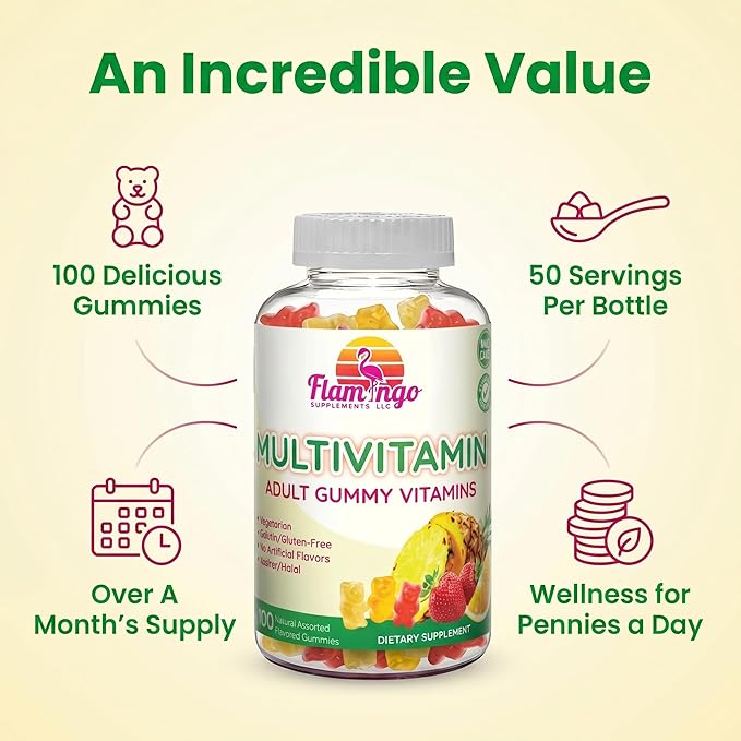 Flamingo Supplements Multivitamin Gummies | Vegan Friendly Kosher Halal NO Gluten or Gelatin no GMO| for Men Women &amp Kids| 3 Natural Flavors | Vitamins C B3 B12 Biotin Zinc &amp More| 100
