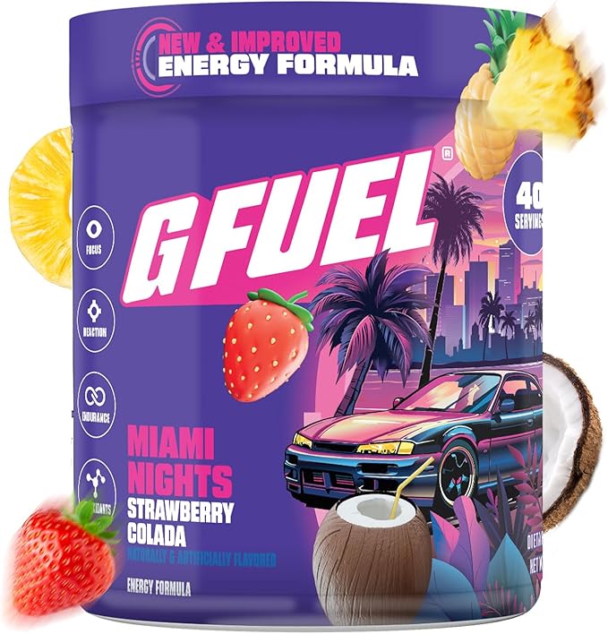 G Fuel Miami Nights 2.0 Energy Drink Powder Pre Workout Caffeine Mix for Gaming Sugar Free Focus Amino Vitamin + Antioxidants 8.7oz (Strawberry Pina Colada 40 Servings)