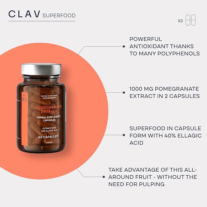 CLAV Pomegranate Extract - 1000mg Daily Dose - 40% Ellagic Acid - Vegan Pomegranate Supplement - Heart &amp Joint Support - 60 Capsules - Made in Germany