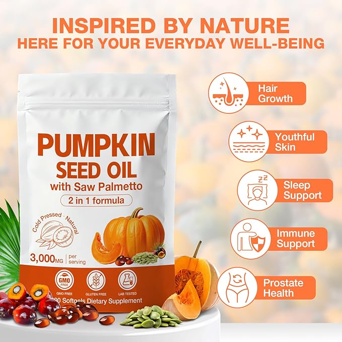 3000mg Max Strength Pumpkin Seed Oil + Saw Palmetto Capsules (300 Softgels) - Cold-Pressed Blend Supports Hair Growth Prostate Health &amp Urinary Tract Bladder Support Immune Boost Non-GMO