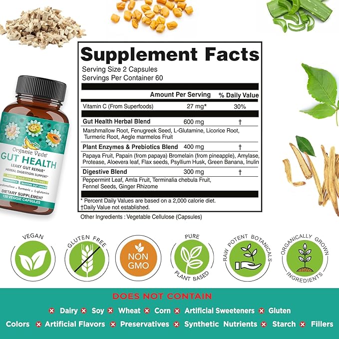 Organic Veda Marshmallow Turmeric Gut Supplement - Digestion Health Leaky Gut Repair &amp Cleanse Support - Papaya Digestive Enzymes Prebiotics L-Glutamine Green Banana Psyllium Husk - 120 Capsu