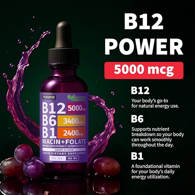 (2 Pack) Vitamin B12 and B6 Liquid Drops B12 Sublingual Vitamin B Complex - B 12 Vitamin 5000mcg - B12 Methylcobalamin for Energy Brain Heart Support with 27200 mcg Grape Flavor 80 Servings