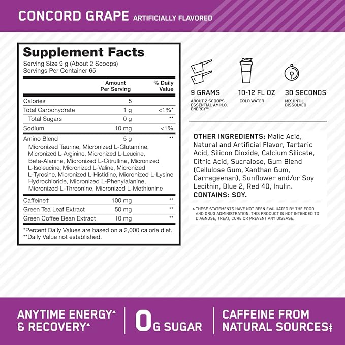Optimum Nutrition Amino Energy - Pre Workout with Green Tea BCAA Amino Acids Keto Friendly Green Coffee Extract Energy Powder - Concord Grape 65 Servings (Packaging May Vary) (Pack of 6)