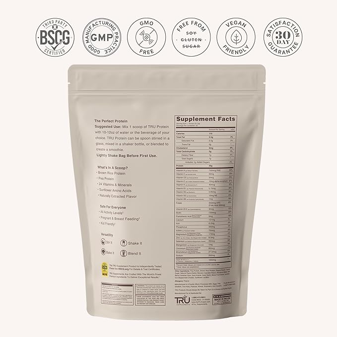 TRU Plant Based Protein Powder BCAA EAA 20g Vegan Brown Rice &amp Pea Protein 100 Calories 27 Vitamins No Artificial Flavors 25 Servings (Peanut Butter Banana Cupcake)