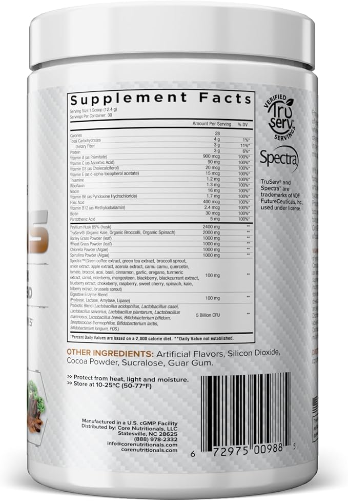 Core Nutritionals Greens | Premium Superfood Reds &amp Greens Blend | 5 Billion CFU Probiotics Digestive Enzymes &amp Antioxidants | 30 Servings (Chocolate Decadence)