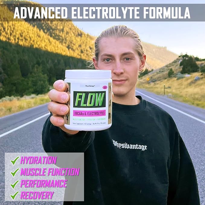 PhysiVantage - Flow Electrolyte Powder with BCAAs - Sugar-Free Hydration &amp Muscle Recovery Drink Mix – Vegan Keto-Friendly Electrolytes - Zero Sugar 40 Servings Raspberry Lemonade Flavor
