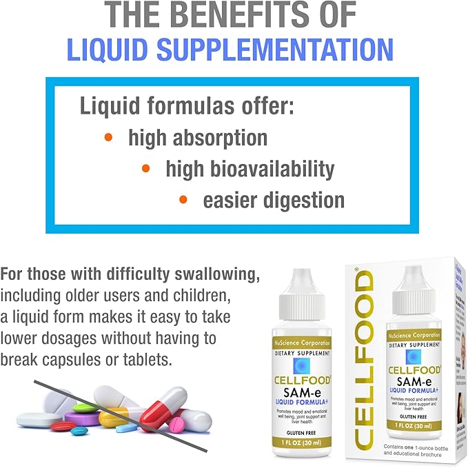 Cellfood SAM-e Liquid Formula+ 1 fl oz - Joint Support &amp Liver Health - Liquid for Easier Absorption &amp Better Bioavailability - Gluten Free Non-GMO - 30-Day Supply