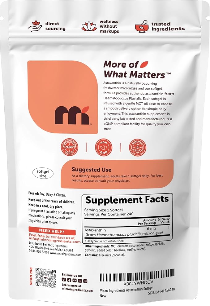 Micro Ingredients Astaxanthin 6mg with MCT Oil 240 Softgels | Premium Astaxanthin Antioxidant Supplements* | Fresh Microalgae Source | Triple Strength Non-GMO Gluten Free No Soy