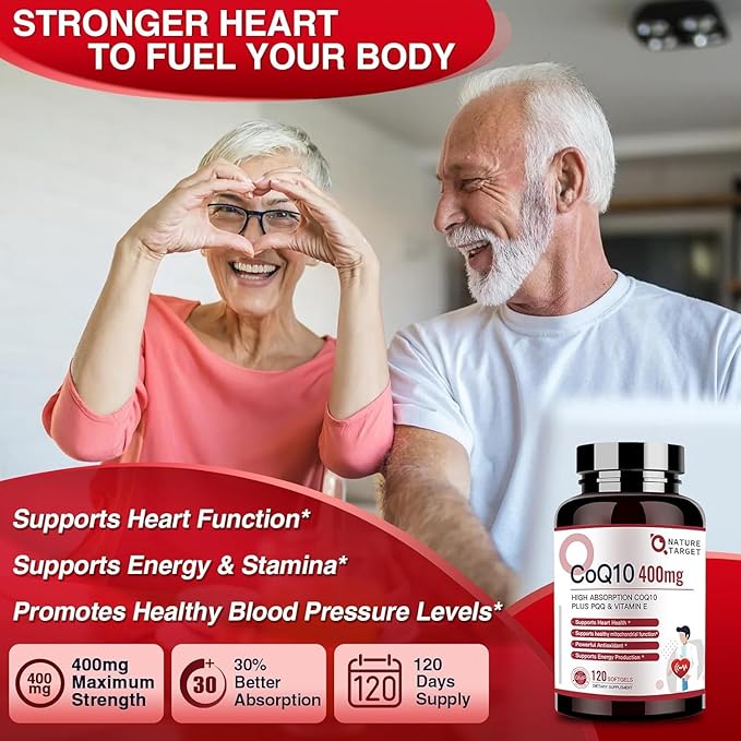 NATURE TARGET CoQ10-400mg Plus PQQ with Vitamin E &amp Organic Olive Oil - Coenzyme-Q10 with BioPerine - High Absorption Antioxidant-for-Heart-Health and Energy Production120 Servings