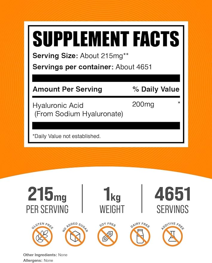 BulkSupplements.com Hyaluronic Acid Powder - as Sodium Hyaluronate Hyaluronic Acid Supplements - Food Grade Gluten Free - 215mg per Serving 1kg (2.2 lbs) (Pack of 1)