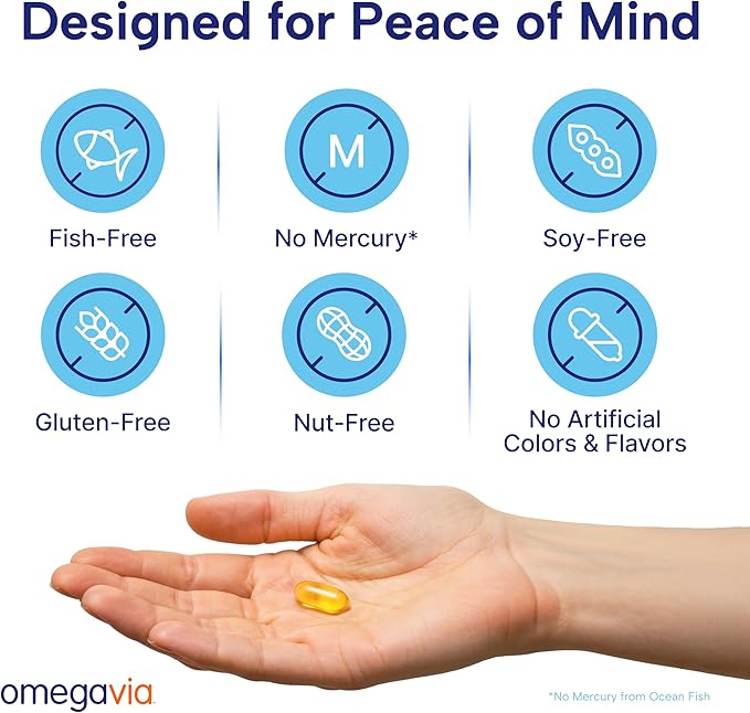 OmegaVia Prenatal DHA 600mg | Fish-Free Omega-3 Supplement | Supports Baby’s Brain Eye &amp Nervous System Development | Safe for Pregnancy &amp Lactation | 30 Easy-to-Swallow Softgels