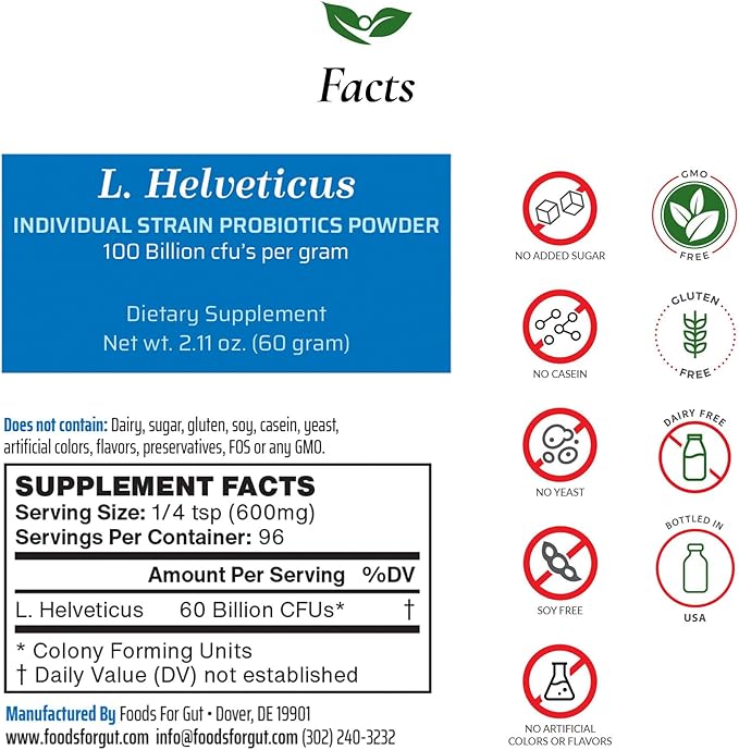 Foods For Gut Lactobacillus Helveticus Probiotic Powder 100 Billion cfu's | No Additives | Direct from Manufacturer | No Third-Party Storage | Immune Support | L. Helveticus | 60 Grams (2.11 Oz)