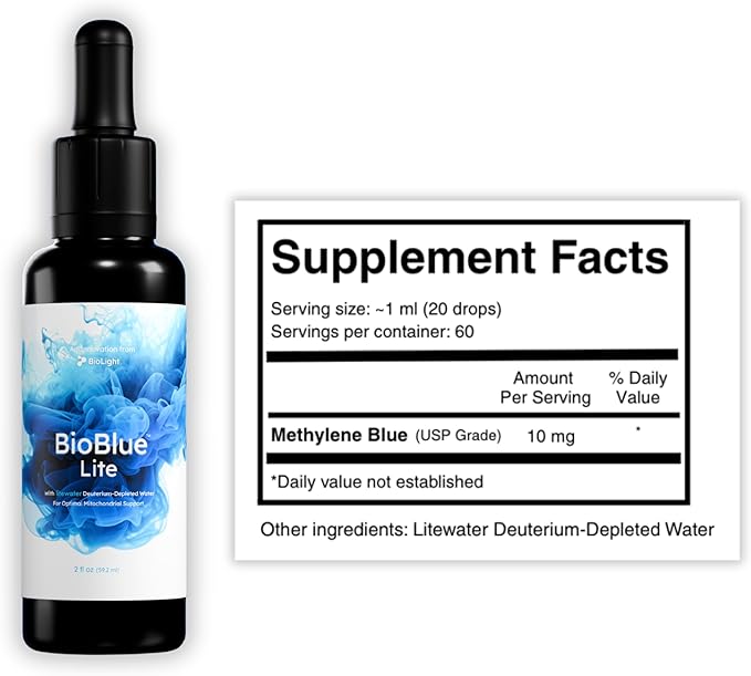 BIOLIGHT BioBlue Lite | Methylene Blue Mixed in Litewater DDW | Supplement for Mitochondrial Support | Brain Health Increased Energy Focus | 2 fl oz 30-Day Supply | USP Grade
