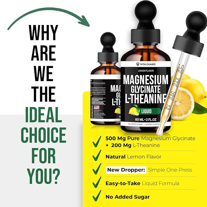 Vita Guard Magnesium Glycinate Liquid Drops 500mg – Liquid Magnesium Supplement with L-Theanine 200mg – Sleep Calm Stress Relief Muscle &amp Nerve Health – Gluten Free No Sugar Vegan 2 Fl Oz