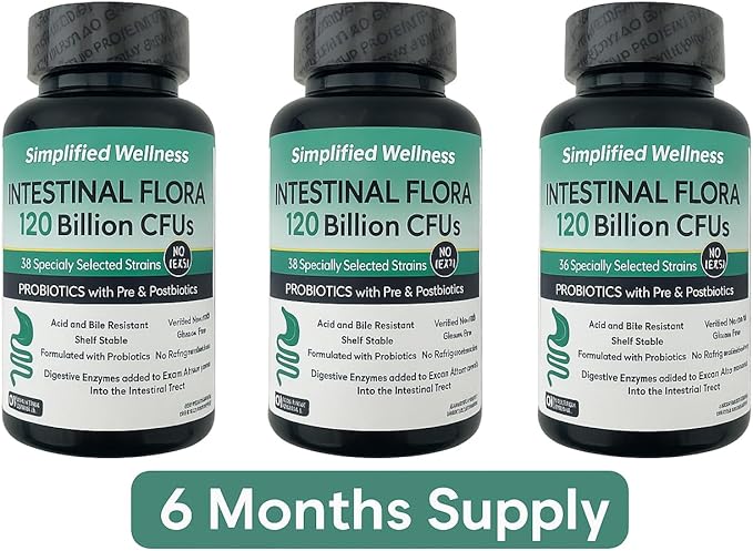 3 Pack: Intestinal Flora Probiotic 120 Billion CFUs 180 Vegetable Capsules Digestive Health Support with Pre &amp Postbiotics Acid Resistant Shelf Stable 6 monthsd Supply.