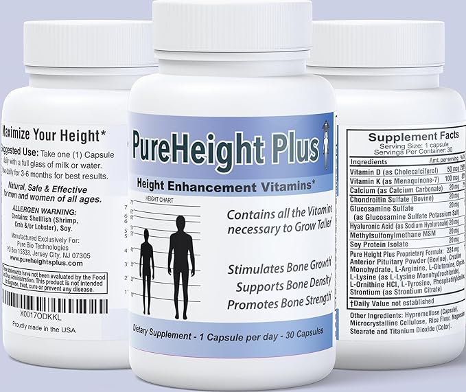PureHeight Plus #1 Doctor Recommended Height Enhancement Supplement - Growth Vitamins for Kids Teens &amp Adults - Increase Bone Strength and Density - Height Enhancer Vitamins Grow Taller Fast