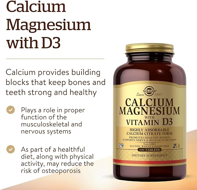 Solgar Calcium Magnesium with Vitamin D3 300 Tablets - Promotes Healthy Bones Supports Nerve &amp Muscle Function - Highly Absorbable Form - Non-GMO and Gluten Free - 60 Servings