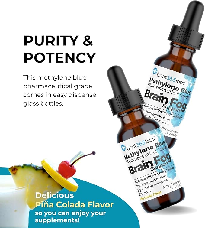 Methylene Blue Pharmaceutical Grade USP Grade Third-Party Tested with Vitamin C - Memory Booster - Improves Cognitive Function and Focus - Clear Thoughts and Reduced Fog - Liquid Supplement