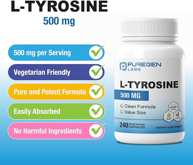 Puregen Labs L-Tyrosine 500 mg Total - 480 Vegetable Capsules | No Harmful Additives | Brain &amp Nervous System Support Non-GMO Vegan Gluten Free Dairy Free - 480 Servings