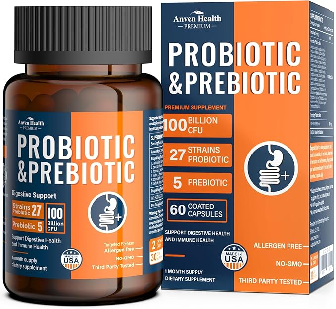 100 Billion Probiotics for Men and Women 27 Strains 5 Organic Prebiotics for Gut Digestive &amp Immune Health Supports Diarrhea Gas Bloating Non-GMO Zero Fillers – Made in USA丨60 Caps