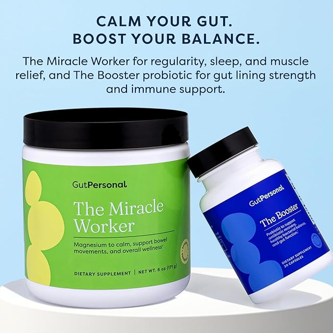 GutPersonal The Gut Fix™ Bundle: The Miracle Worker Magnesium Powder Supplement Strawberry Flavor 30 Servings + The Booster Targeted Probiotic Capsule 60 Servings