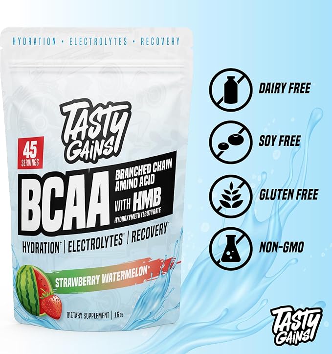 TASTY GAINS - Amino Acids Supplement - BCAA Powder Amino Energy Powder Essential Energy with Electrolytes Essential BCAA &amp EAA with HMB - 45 Servings Strawberry Watermelon