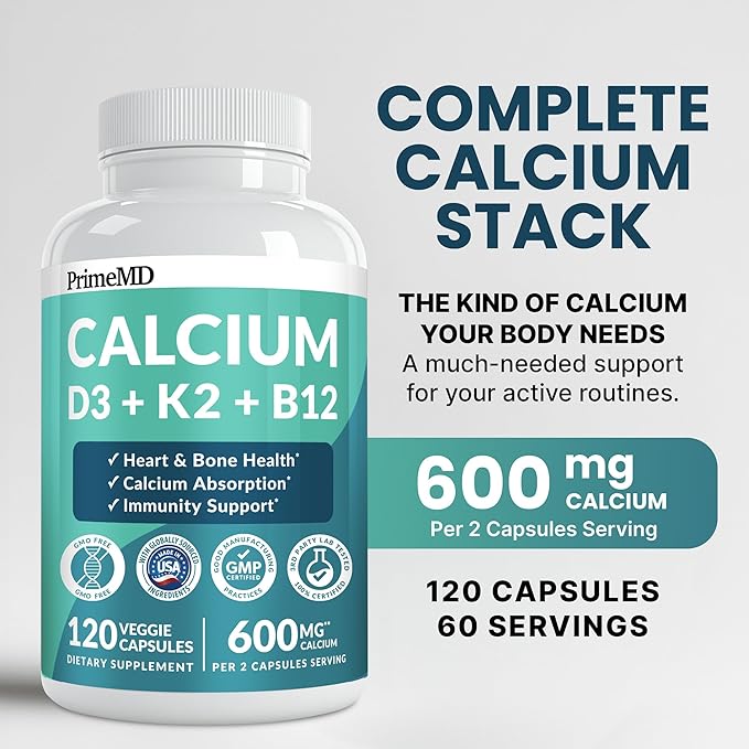 4-in-1 Calcium Supplements for Women &amp Men - Calcium Citrate with D3 K2 Vitamin 5000 IU - Calcium 600mg with Vitamin D3 K2 - Everyday Vitality Supplement - Vegan-Friendly Gluten-Free (120 Capsule