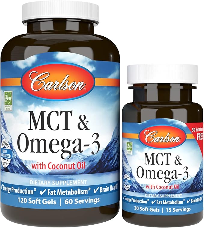 Carlson - MCT &amp Omega-3 Coconut Oil Caprylic &amp Capric Acids EPA &amp DHA Energy Production Fat Metabolism &amp Brain Health 120+30 Softgels