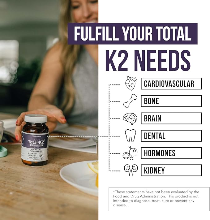 Total K2® | Vitamin K2 as MK7 &amp MK4 | Plus K1 &amp Vitamin D3 Cofactor - 620 mcg K2 per Serving - All-Trans MK7 from MenaQ7® - Full-Spectrum Vitamin K - Vegan Organic Certified (60 Capsules)