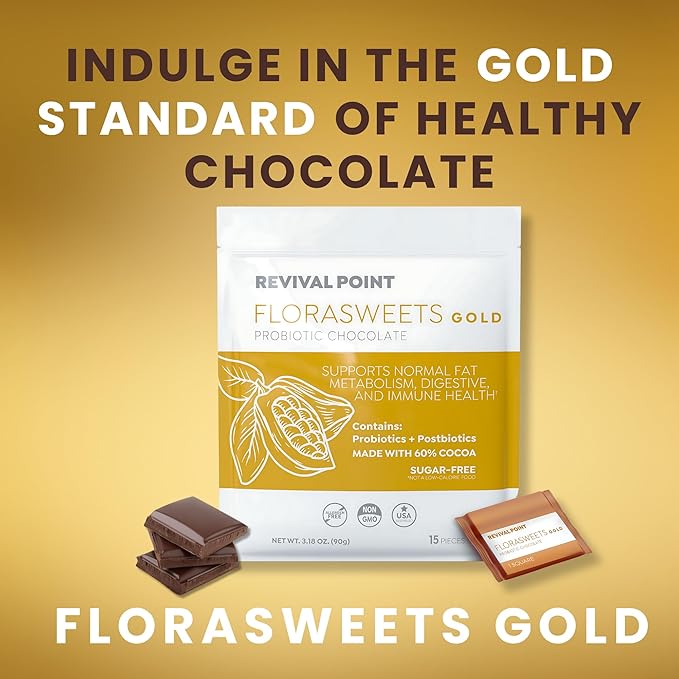 Florasweets Gold Chocolate Bites with Probiotic + Postbiotic Stains DE111 &amp BPL1 - Indivally Wrapped - Supports Digestive &amp Gut Health Bacillus subtilis (6)