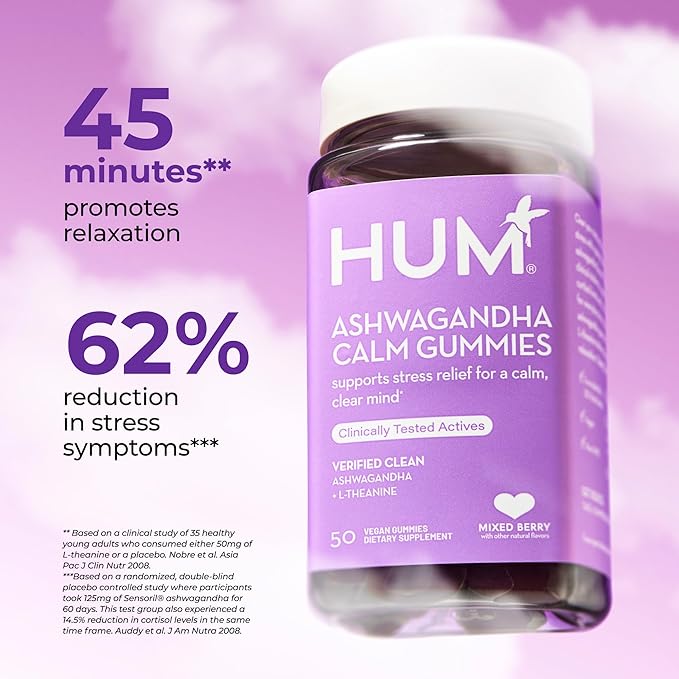 HUM Calm Ashwagandha Gummies for Women and Men L-Theanine Ashwagandha Supplements for Daily Relaxation &amp Clarity Support Vegan Fast Acting Gummy Formula Mixed Berry Flavor 60 Gummies